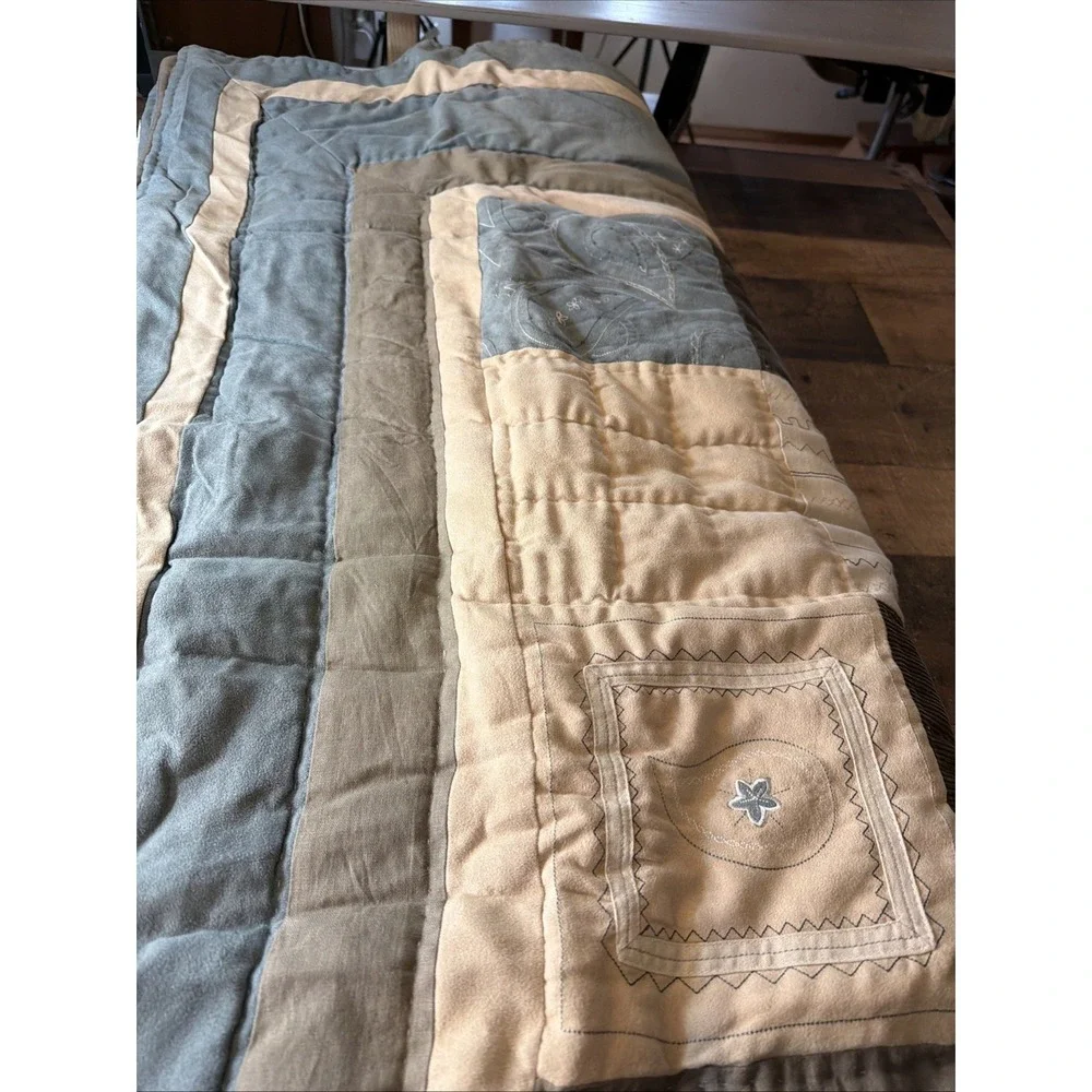 Home Collection Embroidered Quilt Only Patchwork Plaid Brown Tan Blue Full Queen